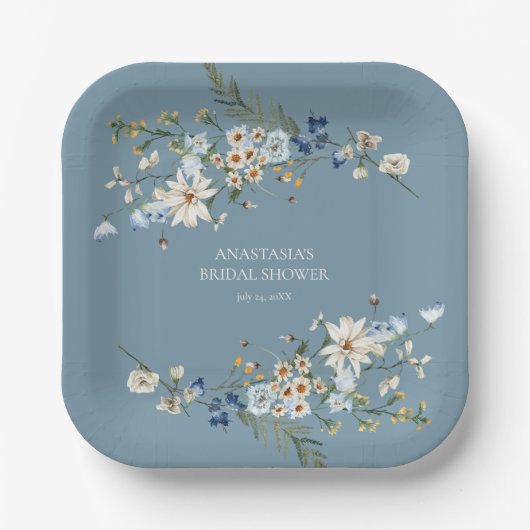 Assiettes En Carton Rustique Dusty Blue Fleurs sauvages & Daisies Douc (Recto)