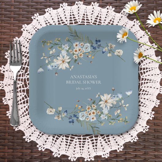 Assiettes En Carton Rustique Dusty Blue Fleurs sauvages & Daisies Douc