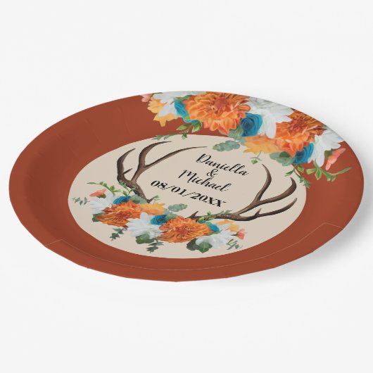 Assiettes En Carton Rustique Floral Antlers BOHO Mariage (Angle)