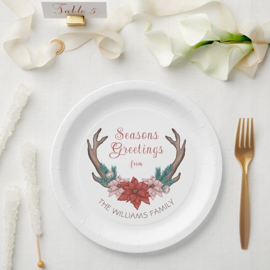 Assiettes En Carton Rustique Floral Noël Antlers Joyeuses Fêtes (Mariage)