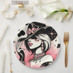 Assiettes En Carton Rustique Glam Cowgirl rose étincelante Cowhide Ann