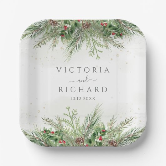 Assiettes En Carton Rustique hiver verdure Berries Pine Cone Mariage (Recto)