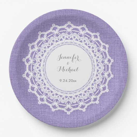 Assiettes En Carton Rustique lin violet look et Mariage dentelle blanc (Devant)