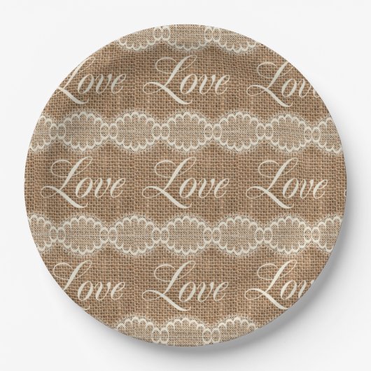 Assiettes En Carton Rustique Mariage Burlap Lace Love (Devant)