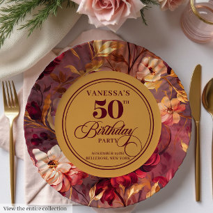 Assiettes En Carton Rustique Merlot Rouge Foncé Fleurs Dorées 50e Anni