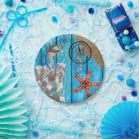 Assiettes En Carton Rustique Nautique Bleu Burlap Starfish (Fête)