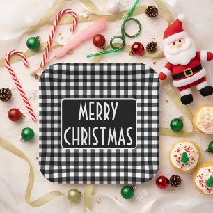 Assiettes En Carton Rustique plaid de buffle noir et blanc Joyeux Noël