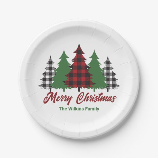 Assiettes En Carton Rustique Red Plaid Joyeux Noël Arbres (Devant)