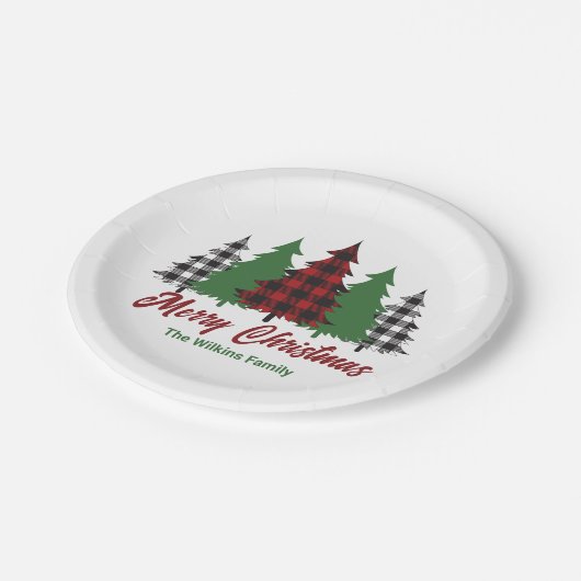 Assiettes En Carton Rustique Red Plaid Joyeux Noël Arbres (Angle)