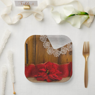 Assiettes En Carton Rustique Rouge Poinsettia Pays Mariage d'hiver