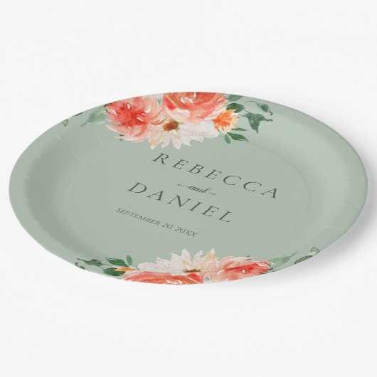 Assiettes En Carton Rustique Sage Green et Orange Fleur sauvage Mariag (Angle)