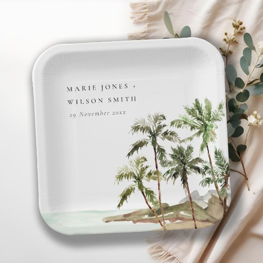 Assiettes En Carton Rustique Tropical Palm Trees Beach Sand Mariage