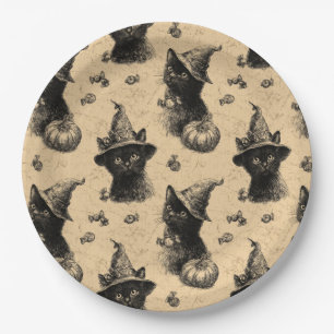 Assiettes En Carton Rustique Vintage Chat Noir Sorcière Halloween Moti