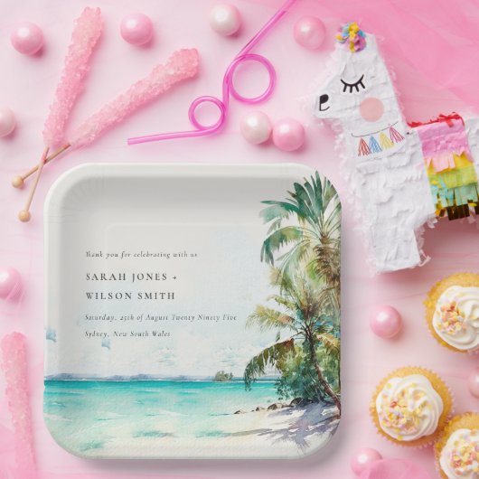 Assiettes En Carton Sable Tropical Beach Aquarelle Palm Trees Mariage (Fête)