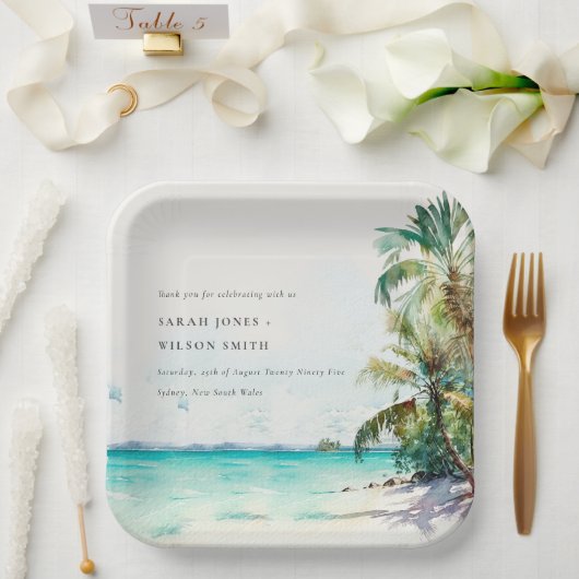 Assiettes En Carton Sable Tropical Beach Aquarelle Palm Trees Mariage (Mariage)