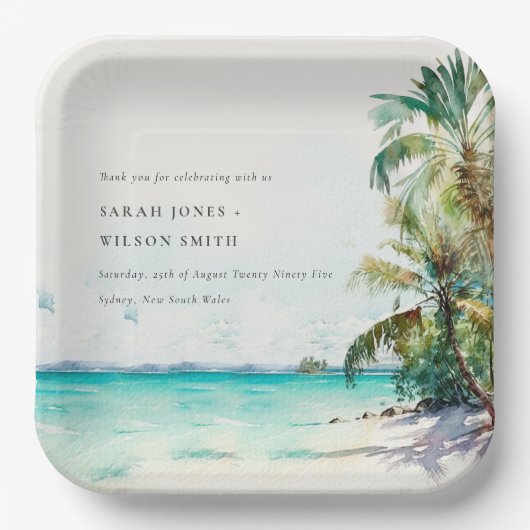 Assiettes En Carton Sable Tropical Beach Aquarelle Palm Trees Mariage (Recto)