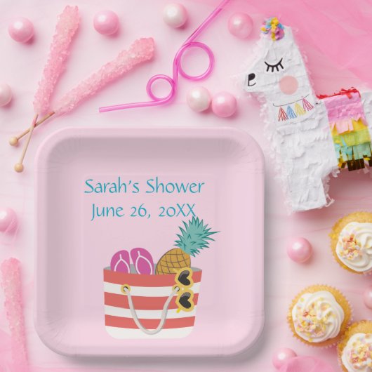 Assiettes En Carton Sac de plage rose (Fête)