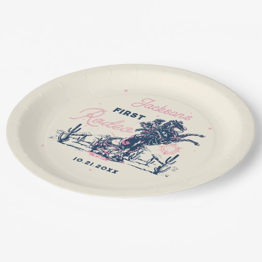 Assiettes En Carton Saddup First Rodeo Cowboy fête d'anniversaire (Angle)