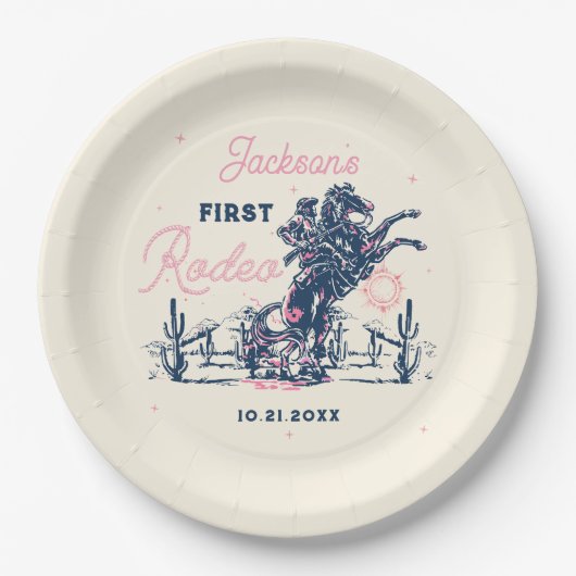 Assiettes En Carton Saddup First Rodeo Cowboy fête d'anniversaire (Devant)