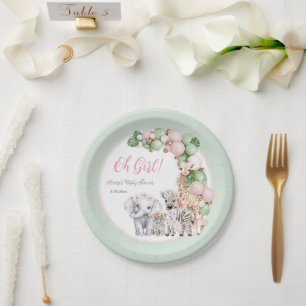Assiettes En Carton Safari animal Tropical vert rose bébé fille douche