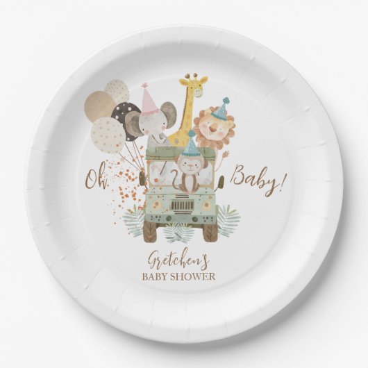 Assiettes En Carton Safari Camion Jungle Animaux Boho Baby shower (Devant)
