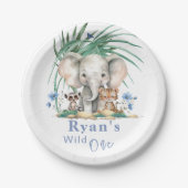 Assiettes En Carton Safari Jungle Eléphant Fleurs Bleues Anniversaire (Devant)