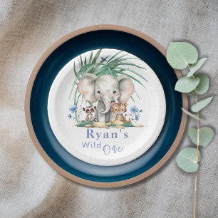 Assiettes En Carton Safari Jungle Eléphant Fleurs Bleues Anniversaire