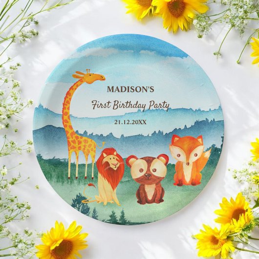 Assiettes En Carton Safari Zoo Animaux Aquarelle bleu vert