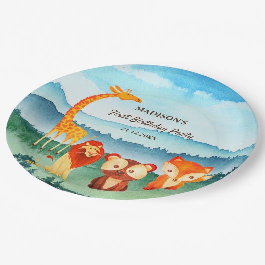 Assiettes En Carton Safari Zoo Animaux Aquarelle bleu vert (Angle)