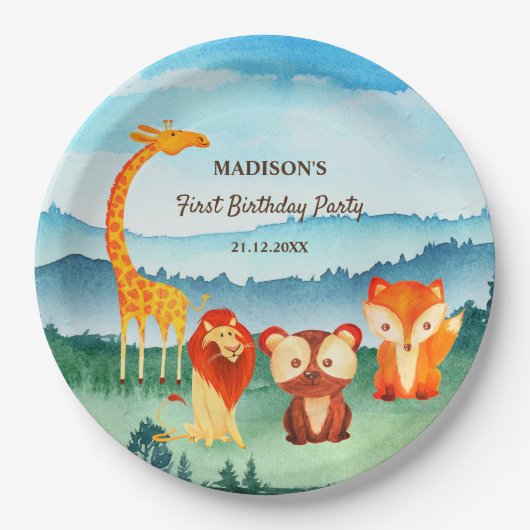 Assiettes En Carton Safari Zoo Animaux Aquarelle bleu vert (Devant)