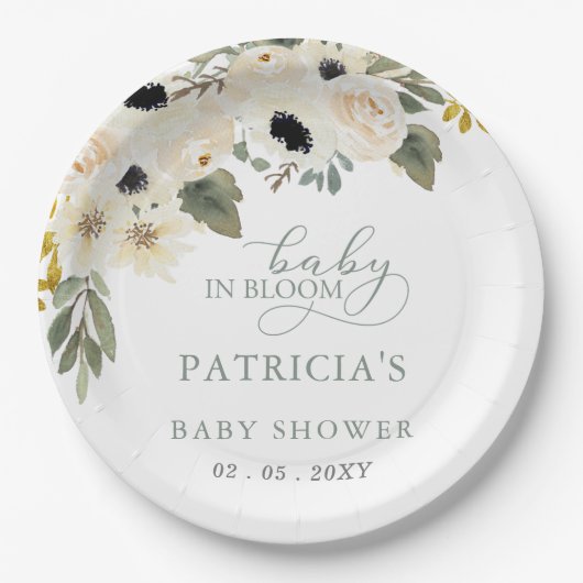 Assiettes En Carton Sage Baby in Bloom Ivory Floral Girl Baby shower (Devant)