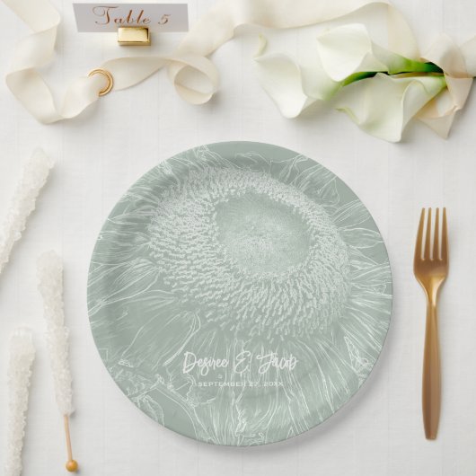 Assiettes En Carton Sage de tournesol Vert Blanc Floral Art Élégant (Mariage)