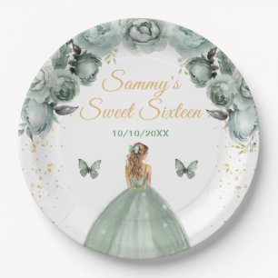 Assiettes En Carton Sage Green Blonde cheveux Princesse Sweet sixteen