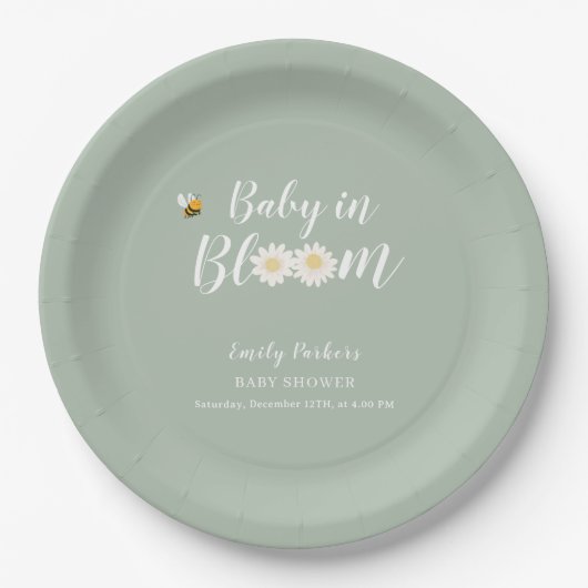 Assiettes En Carton Sage Green Boho Daisy Floral Baby In Bloom Douche (Devant)