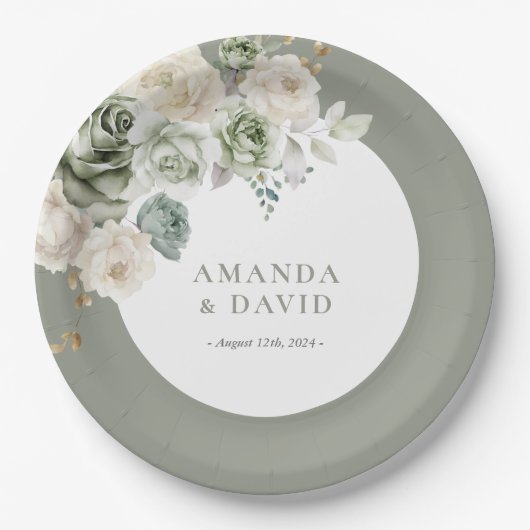 Assiettes En Carton Sage Green Botanical Mariage élégant (Devant)