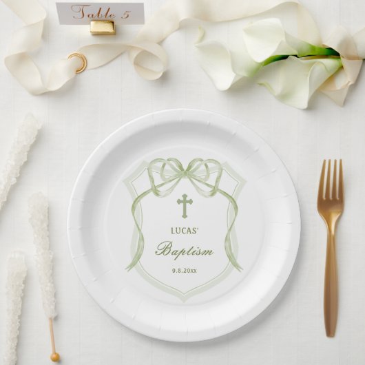 Assiettes En Carton Sage Green Bow Crest Baptême (Mariage)