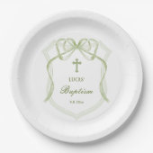 Assiettes En Carton Sage Green Bow Crest Baptême (Devant)