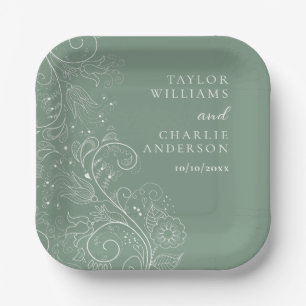 Assiettes En Carton Sage Green Elegant Mariage Floral