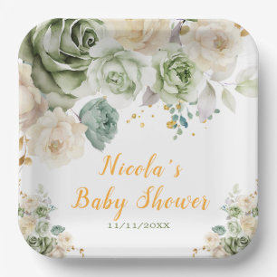 Assiettes En Carton Sage Green et Baby shower floral crème