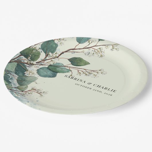 Assiettes En Carton Sage Green Eucalyptus Elegant Boho (Angle)