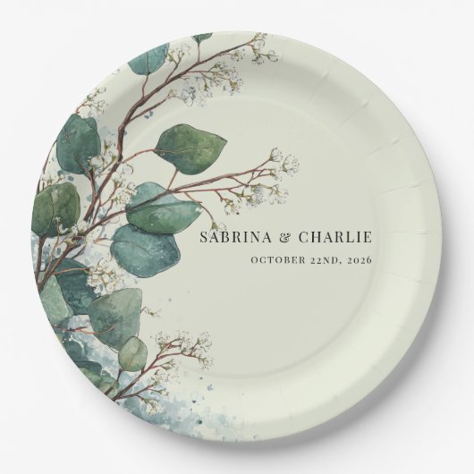 Assiettes En Carton Sage Green Eucalyptus Elegant Boho (Devant)