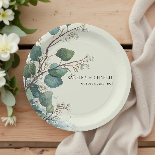 Assiettes En Carton Sage Green Eucalyptus Elegant Boho
