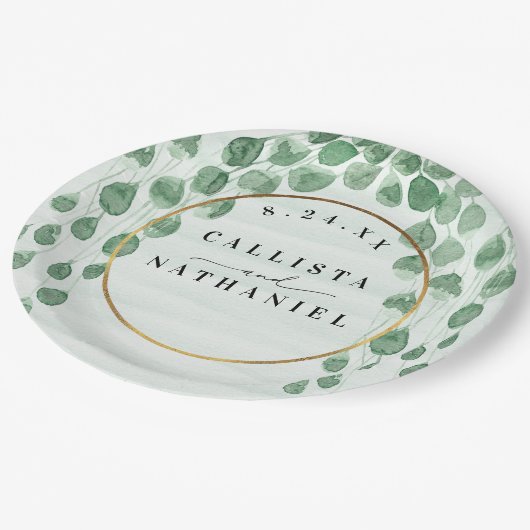 Assiettes En Carton Sage Green Eucalyptus Garland Gold Mariage ovale (Angle)