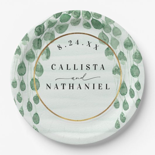 Assiettes En Carton Sage Green Eucalyptus Garland Gold Mariage ovale (Devant)