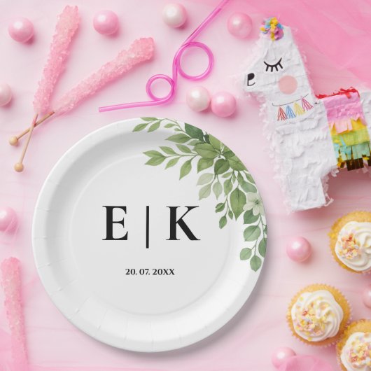 Assiettes En Carton Sage Green Feuille Verdure Monogramme Mariage (Fête)