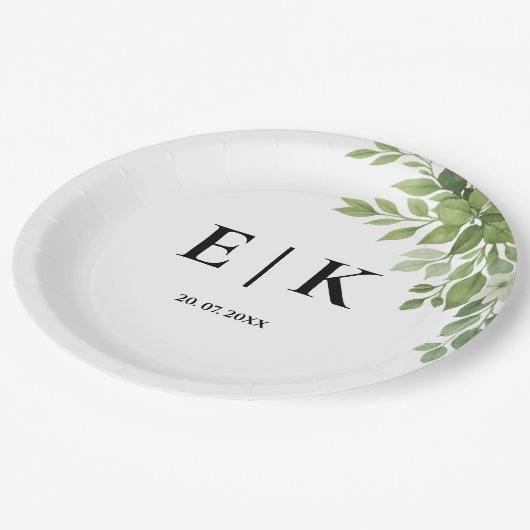 Assiettes En Carton Sage Green Feuille Verdure Monogramme Mariage (Angle)
