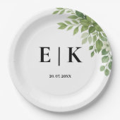 Assiettes En Carton Sage Green Feuille Verdure Monogramme Mariage (Devant)