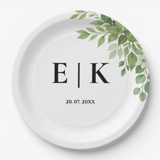 Assiettes En Carton Sage Green Feuille Verdure Monogramme Mariage (Devant)