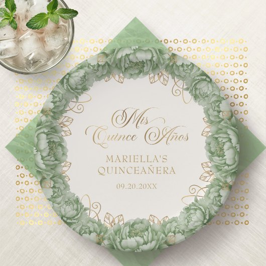 Assiettes En Carton Sage Green Floral Quinceanera