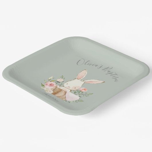 Assiettes En Carton Sage Green Lapin Lapin Fille bébé Baptême Bébé (Angulaire)
